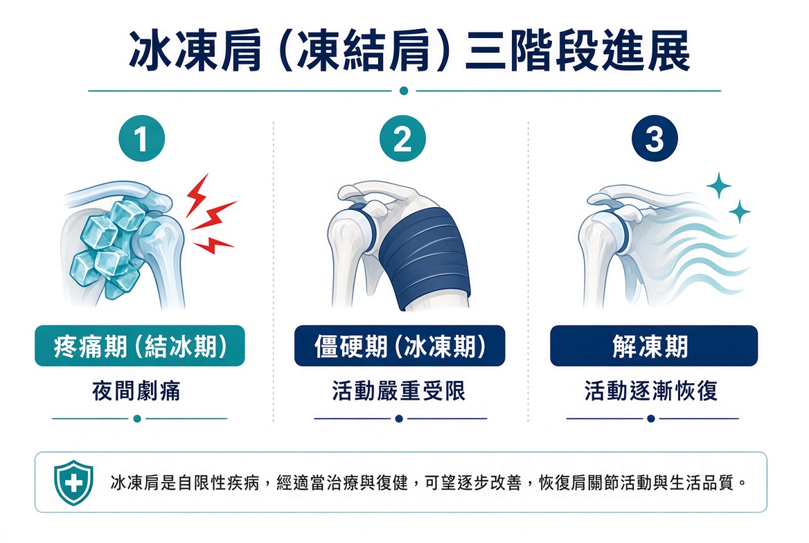 冰凍肩三階段示意：疼痛期、僵硬期、解凍期