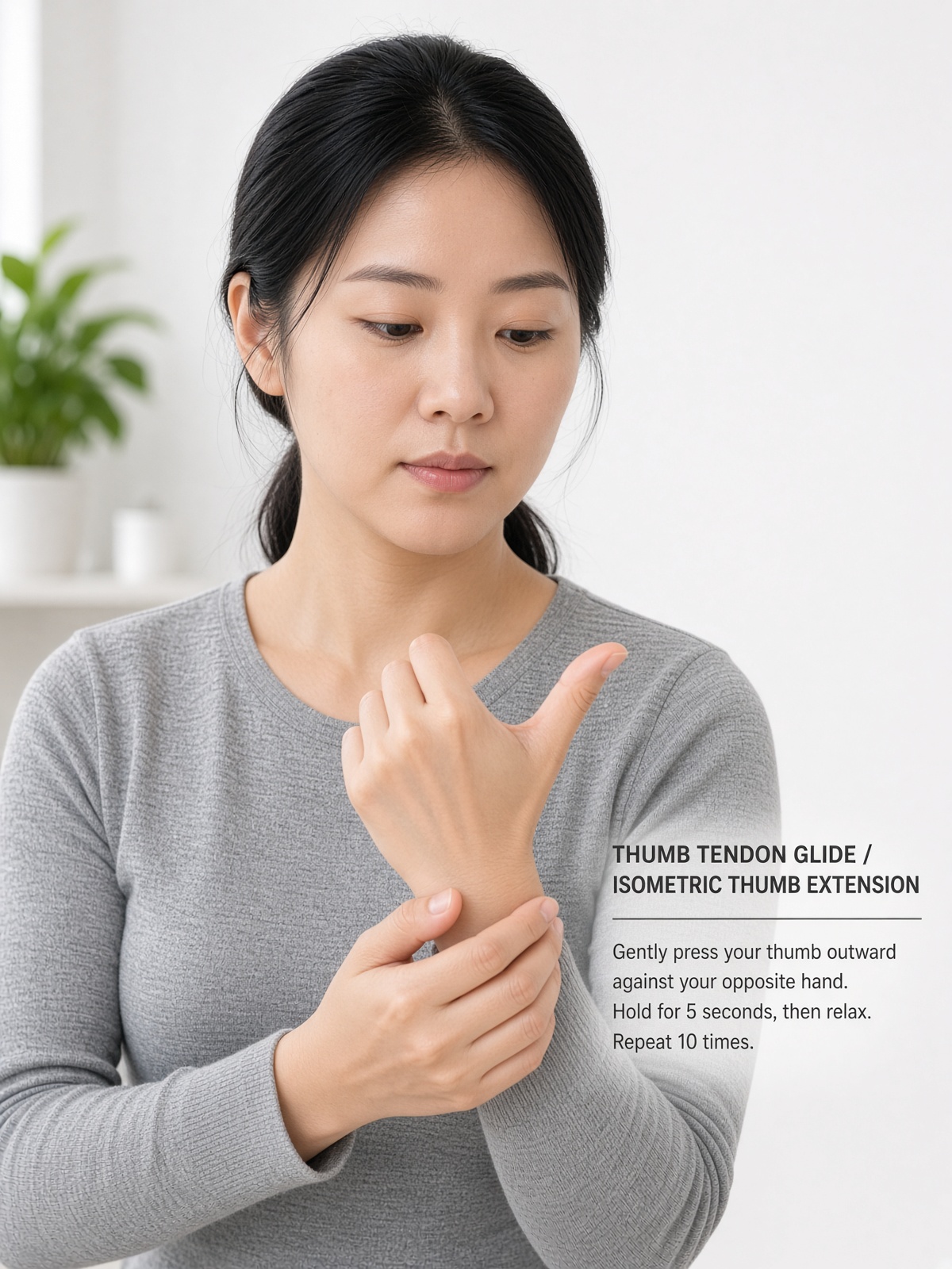 媽媽手家居運動：輕柔拇指伸直活動示意