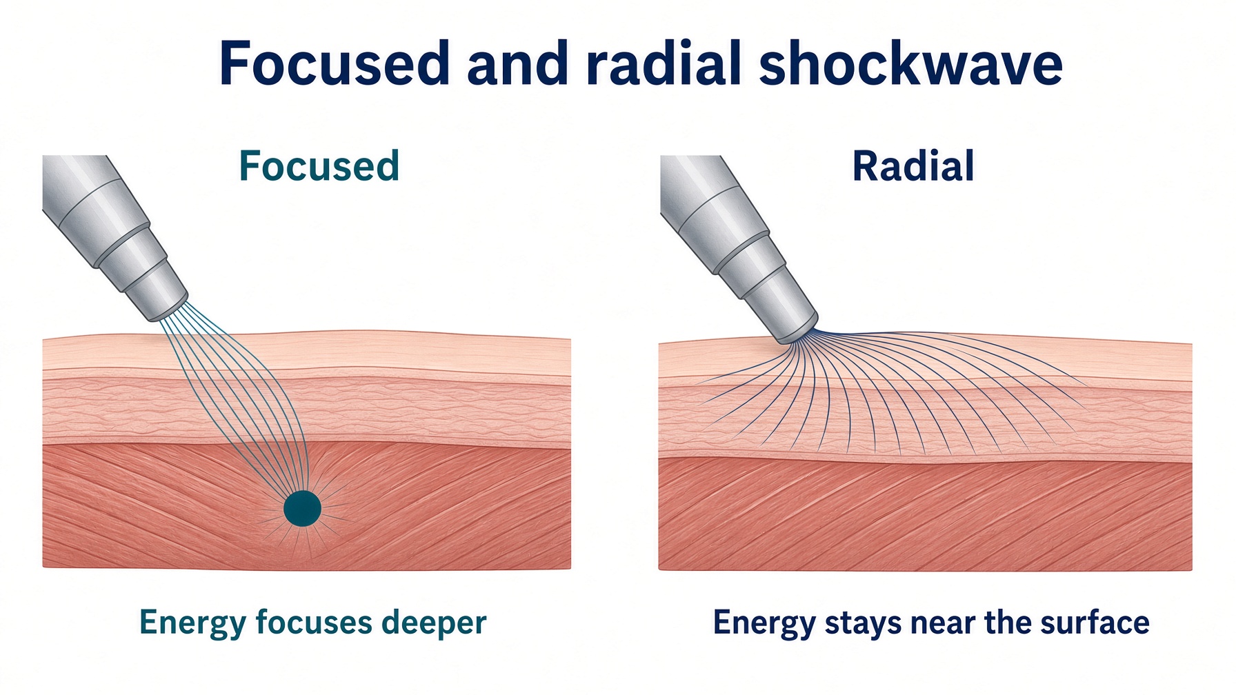Focused shockwave gathers energy deeper in the tissue; radial shockwave stays near the skin