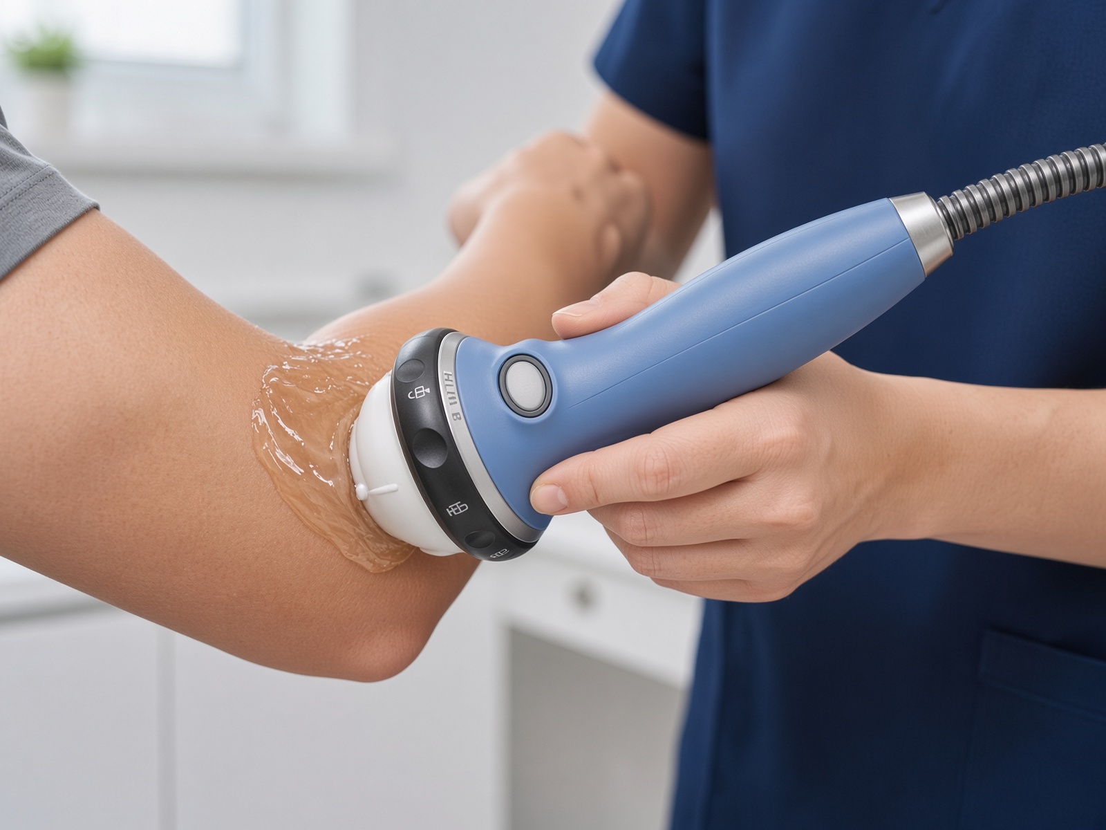 Focused shockwave applicator on the outer elbow with coupling gel, to treat tennis elbow pain