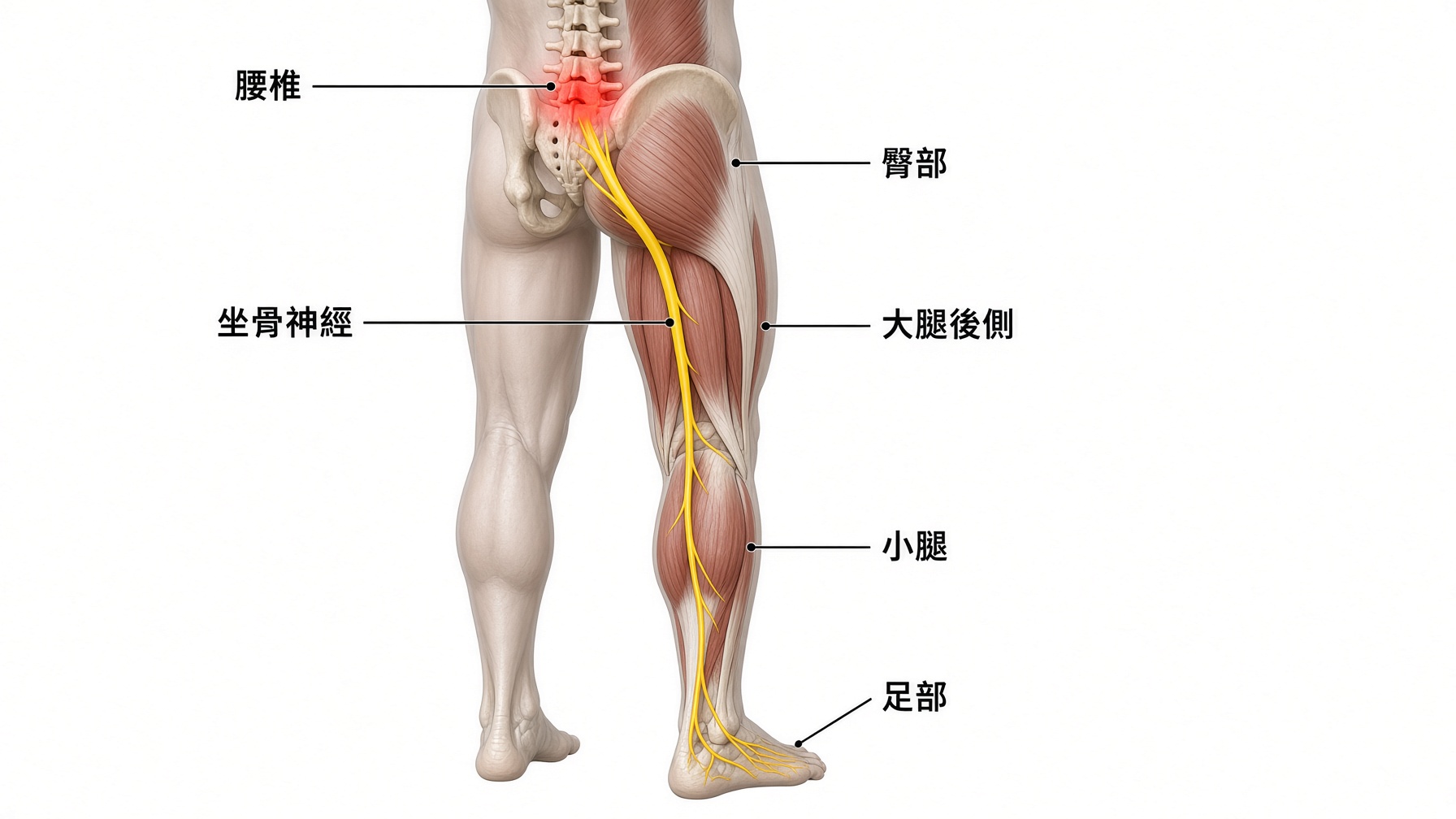 坐骨神經路徑示意：由腰椎經臀部、大腿後側至小腿及足部
