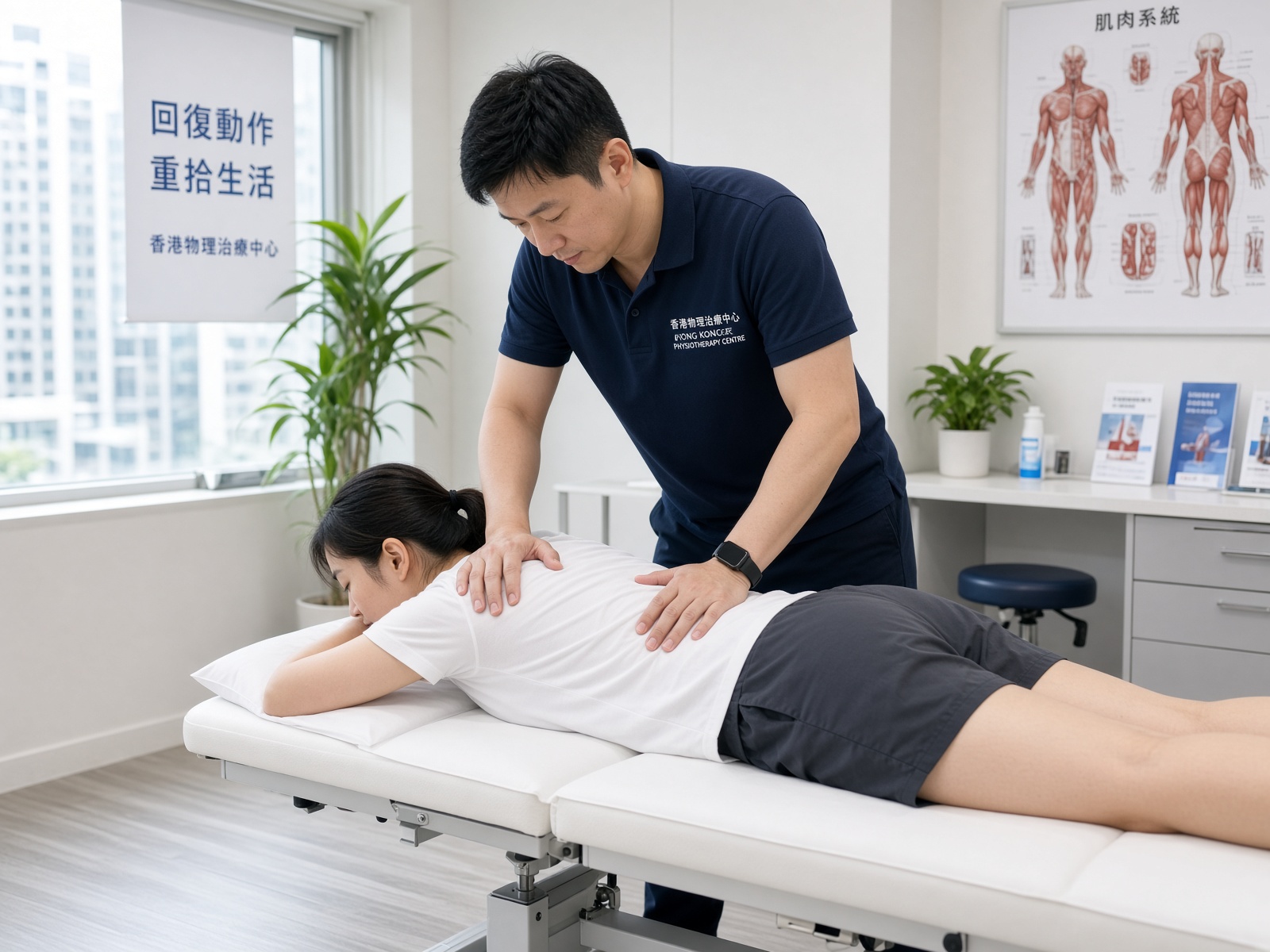 物理治療師為腰部進行手法治療的示意