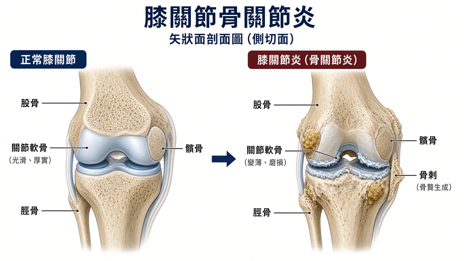 膝關節對比圖：左側正常軟骨，右側軟骨變薄及骨刺示意